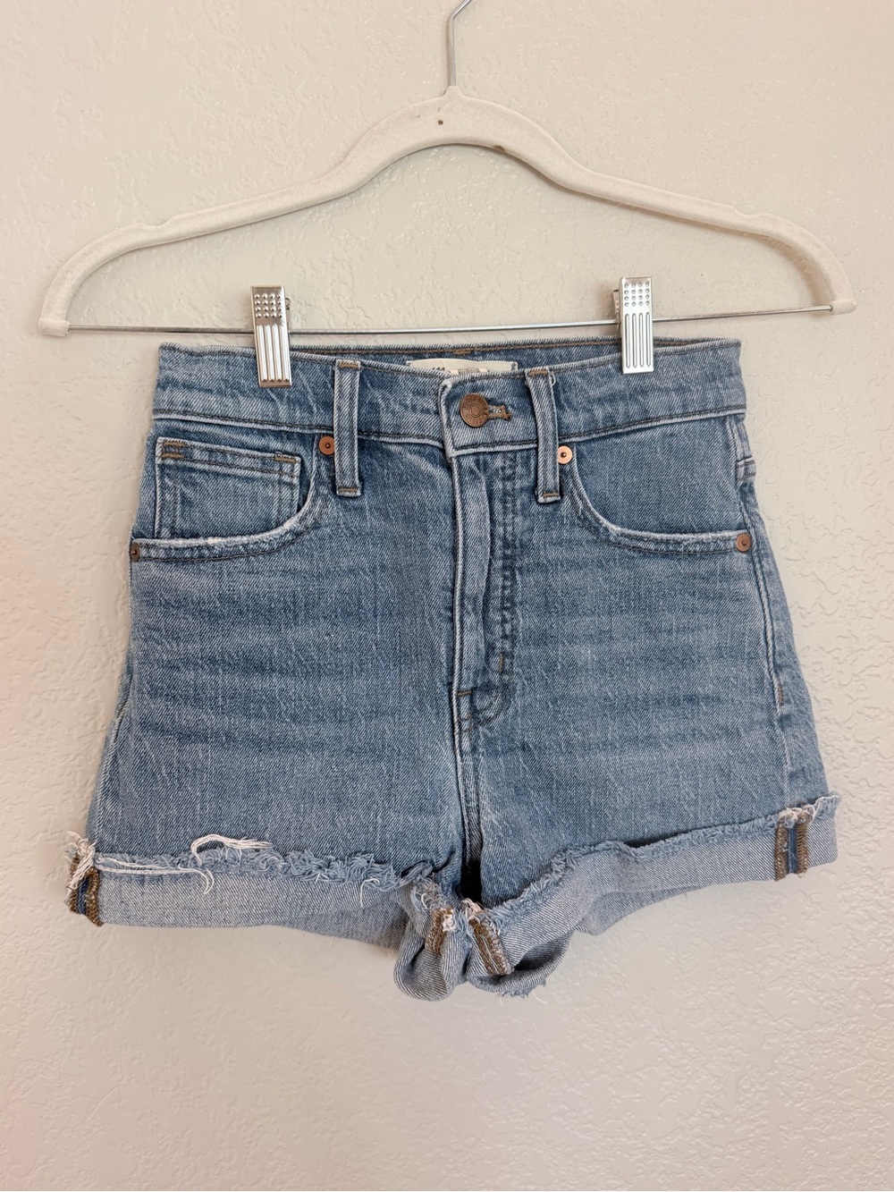Madewell High Rise Denim Shorts Light Wash Cuffed Raw Hem Size 23
